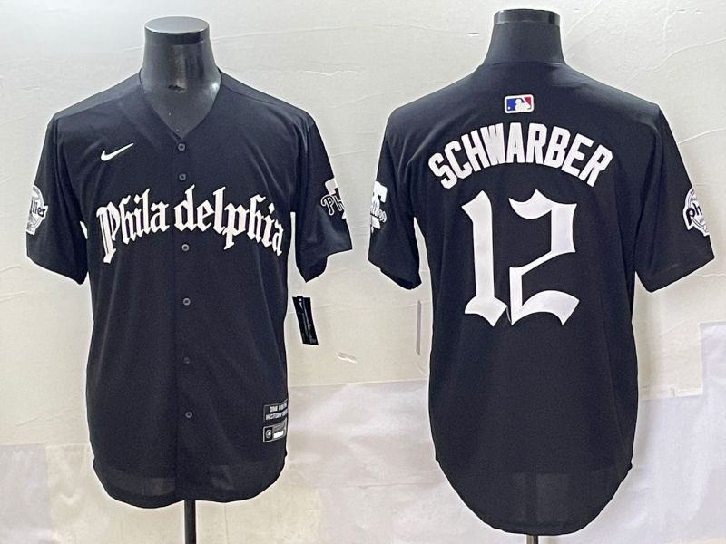 Men 2025 Philadelphia Phillies #12 Schwarber Black Five generations Joint Name Nike MLB Jersey style 1
